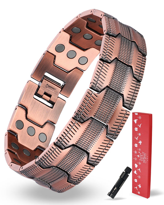 MagEnergy Copper Bracelet for Men, 3-Row Magnet Design, Ultra Strength Magnetic Bracelet 99.99% Pure Copper Wristband Adjustable Jewelry Gift with Sizing Tool(Copper Tire Graphics-Xmas)