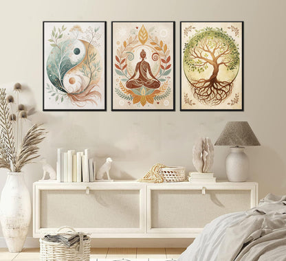 3 Pcs Tree of Life Canvas Wall Art Lotus Zen Painting Pictures Wall Decor Yin Yang Taichi Spiritual Prints Posters for Living Room Yoga Room Hotel Bedroom Home Decor 12x16in Unframed