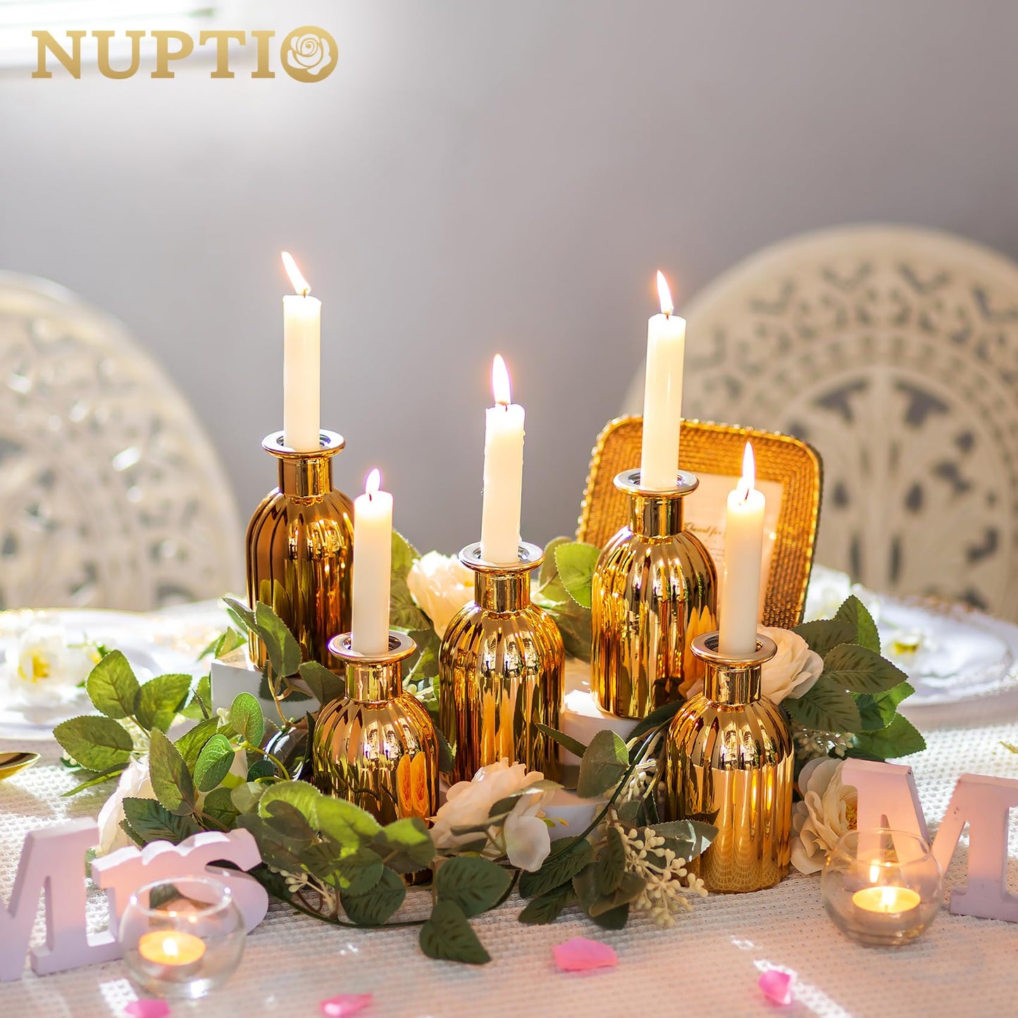 NUPTIO Bud Vases Small Gold: 12 Pcs Glass Vase Set in Bulk for Flowers - Mini Vintage Flower Bottle Single Vases for Wedding Table Centerpieces