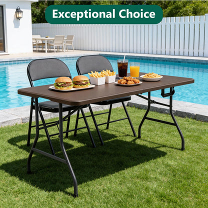 2 Pack 5ft Folding Table, Foldable Picnic Table with Carrying Handle, Heavy Duty Fold-in-Half Portable Table for Weddings, Camping, RV Travel, Parties, and Indoor Use, Easy to Fold and Store, Brown