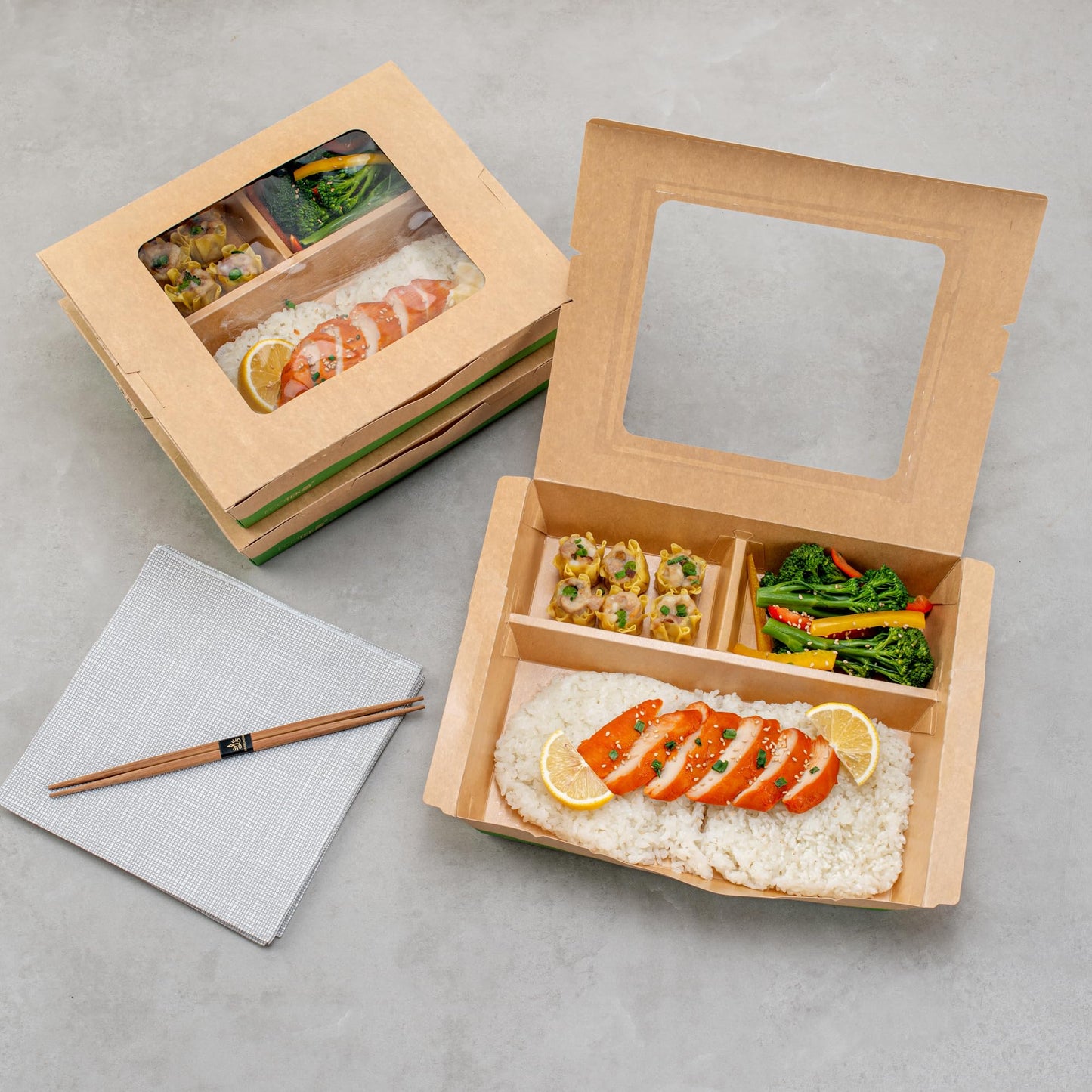 Restaurantware Paper Bento Box 100 Count 78 Ounces Paper Lunch Container Kraft Food Box, Greaseproof Disposable Three Compartment Meal Prep Box with Transparent PLA window