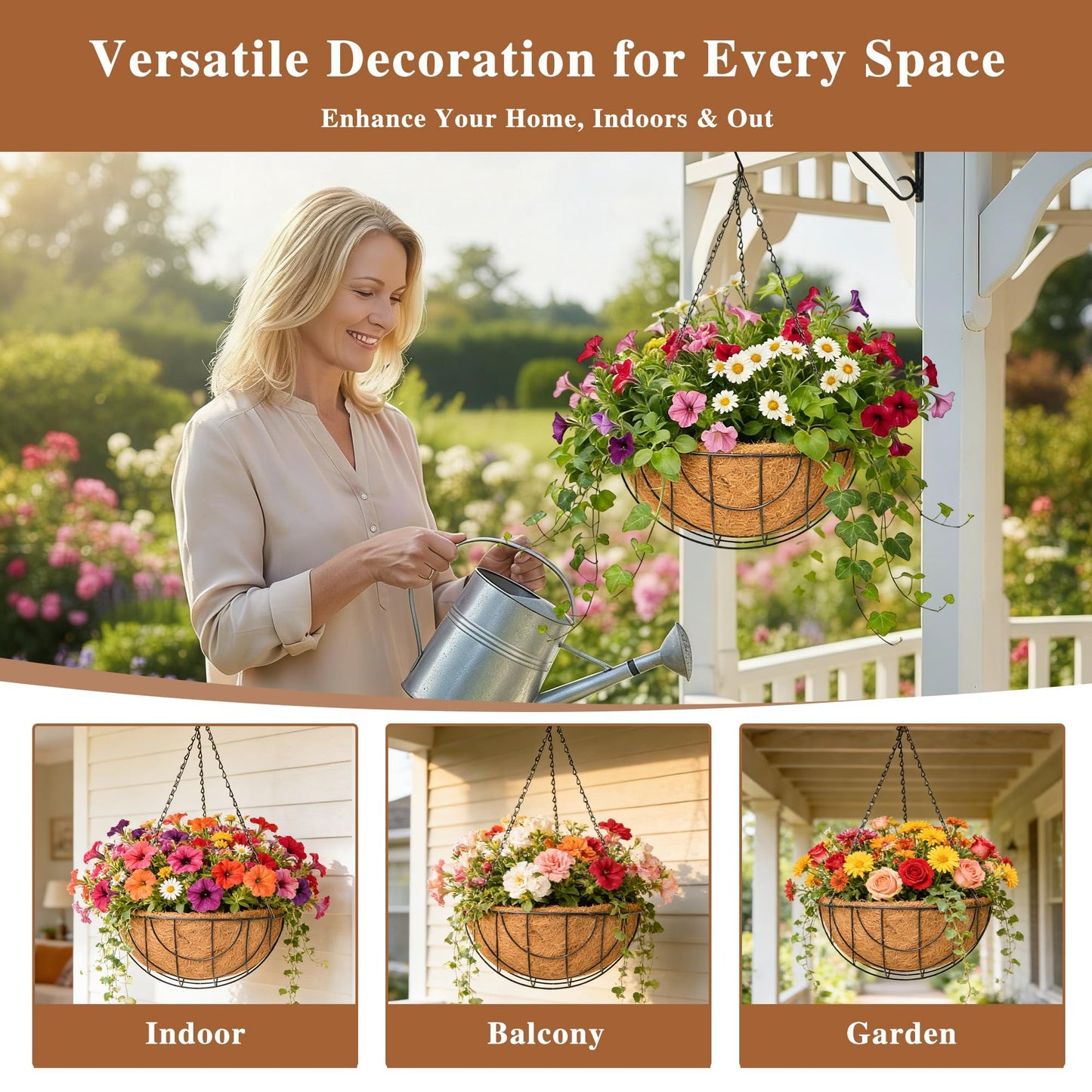 4 Pack Hanging Planter for Outdoor Plants 14 inch Metal Hanging Flower Basket with Coco Coir Liner Round Wire Plant Holder Chain Flower Pots Outdoor Garden Decoration Watering Hanging Baskets（DQ）