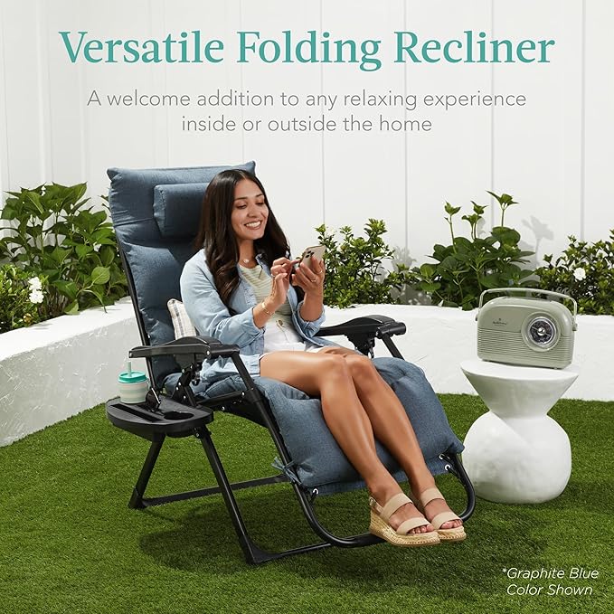 Best Choice Products Oversized Zero Gravity Chair, Folding Outdoor Patio Recliner, XL Anti Gravity Lounger w/Removable Cushion, Cup Holder, Side Tray, 350lb Capacity - Onyx Black