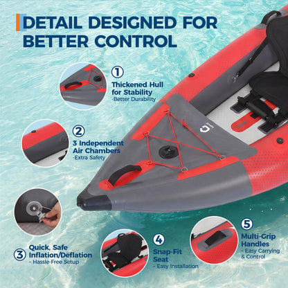 GarveeLife 2 Person Inflatable Kayak，Fishing Kayak for Adults, Portable Touring Kayaks with Padded Seat, 3 Fins, Hand Pump, Carry Bag, Repair Kit，12.5FT/450 LBS Weight Capacity
