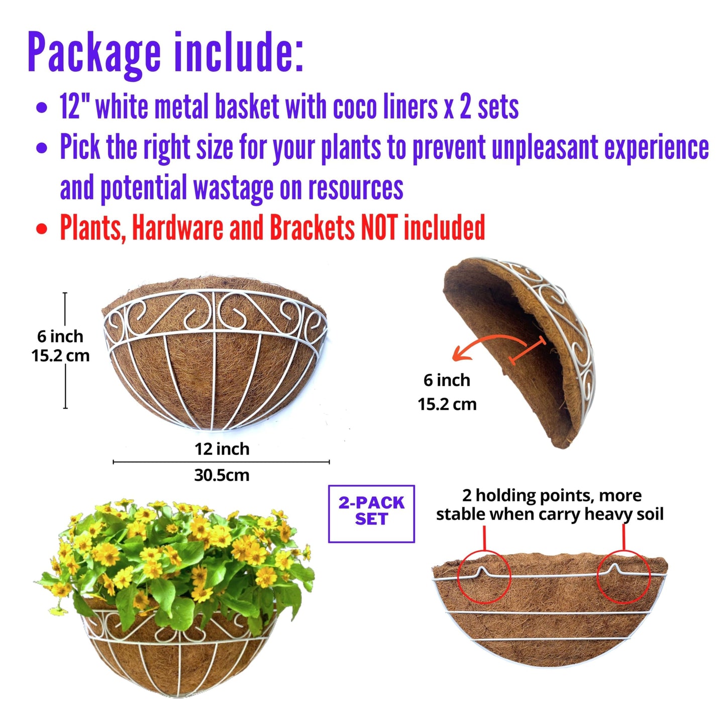 LaLaGreen Wall Mounted Flower Baskets (2 Pack, 12 Inch) Wall Hanging Planter with Coco Liner for Outdoor Plants, White Metal Wire Elegant Herb Pots Holder Fence Railing Deck Porch Balcony Garden Patio