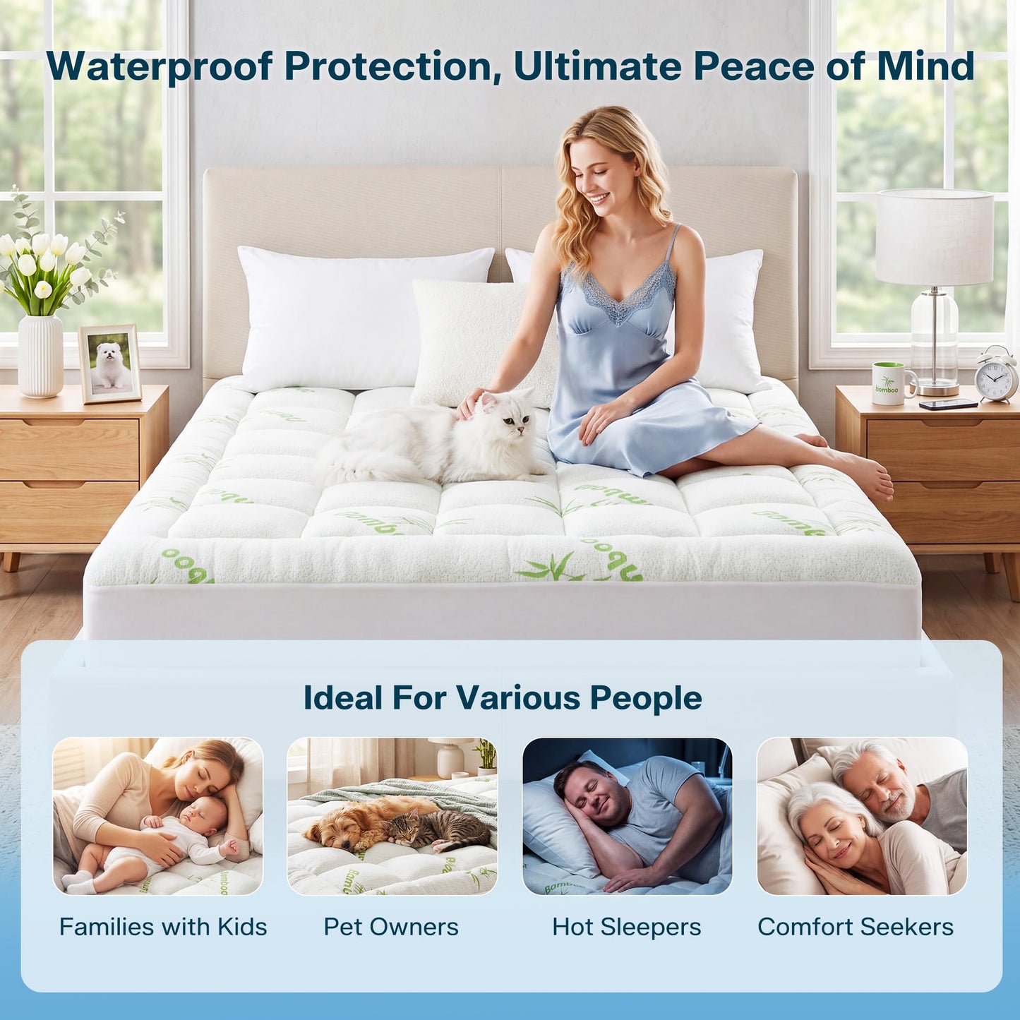 Waterproof Full Size Mattress Topper Viscose Derived from Bamboo,Extra Thick Mattress Pad for Back Pain, Cooling Mattress Topper with Deep Pocket 8"-21",Green,Full