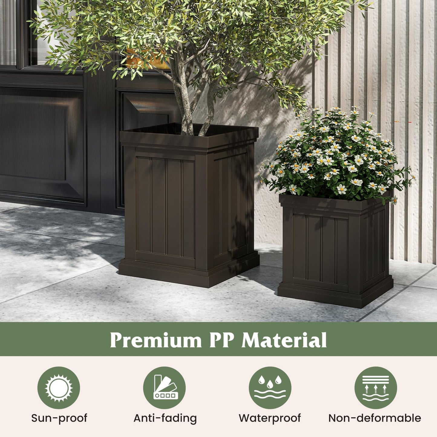 Giantex Square Plastic Planters Set of 2, 19" Large & 13” Small Flower Pots with/Drainage Holes & Nesting Design, Indoor Outdoor Decorative Plant Containers for Front Porch Home Garden Patio (Brown)