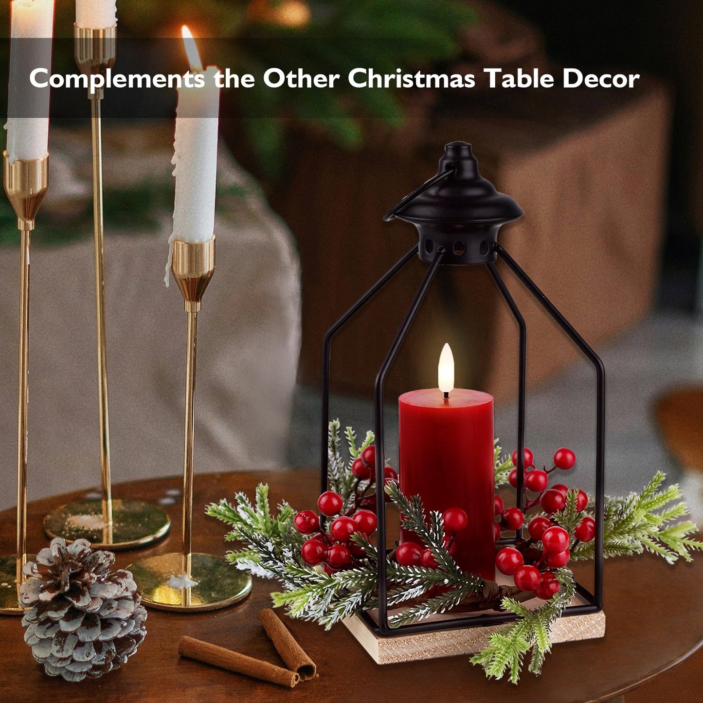 Rhytsing Christmas Table Centerpieces, H10 Inches Decorative Lantern with Real Wax Red LED Flameless Candle and Christmas Cedar Candle Ring, Battery Powered Metal Hanging Lanterns with Timer