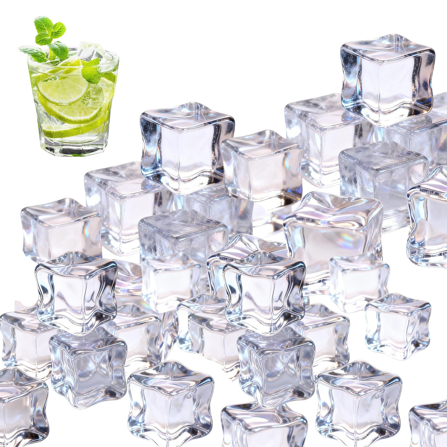 Fake Ice Cubes,50 pcs 0.7" Realistic Clear Plastic Fake Ice,Acrylic Decorative Ice Cubes for Vase Fillers, Table Decor, Weddings, Photography Props