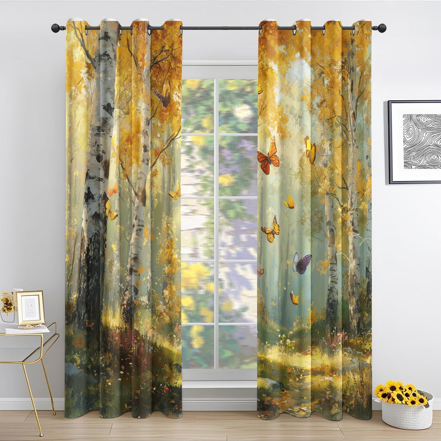 Fall Forest Curtains for Living Room 63 Inch Length Birch Tree Blackout Curtains for Bedroom, Autumn Landscape Drapes Thermal Insulated Room Darkening Grommet Window Treatments 2 Panels