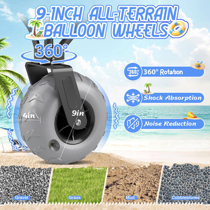 Beach Wagon with Big Wheels for Sand Heavy Duty Collapsible Wagon with 9" All Terrain Inflatable Tires, Foldable Beach Cart for Camping Outdoor Grocery Shopping Garden Sports