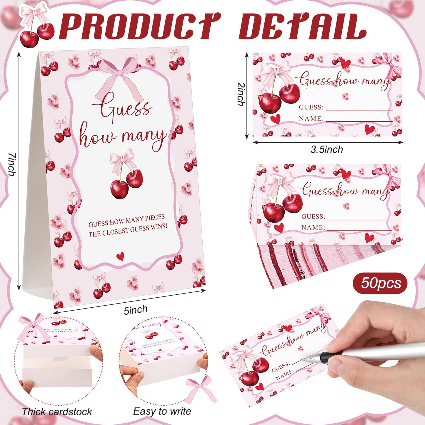 Lerheedi Cherry Bow Guess How Many Baby Shower Game Pack of 1 Tabletop Sign with Stand and 50 How Many Cards, Coquette Cherry Gender Reveal Party Game Decorations