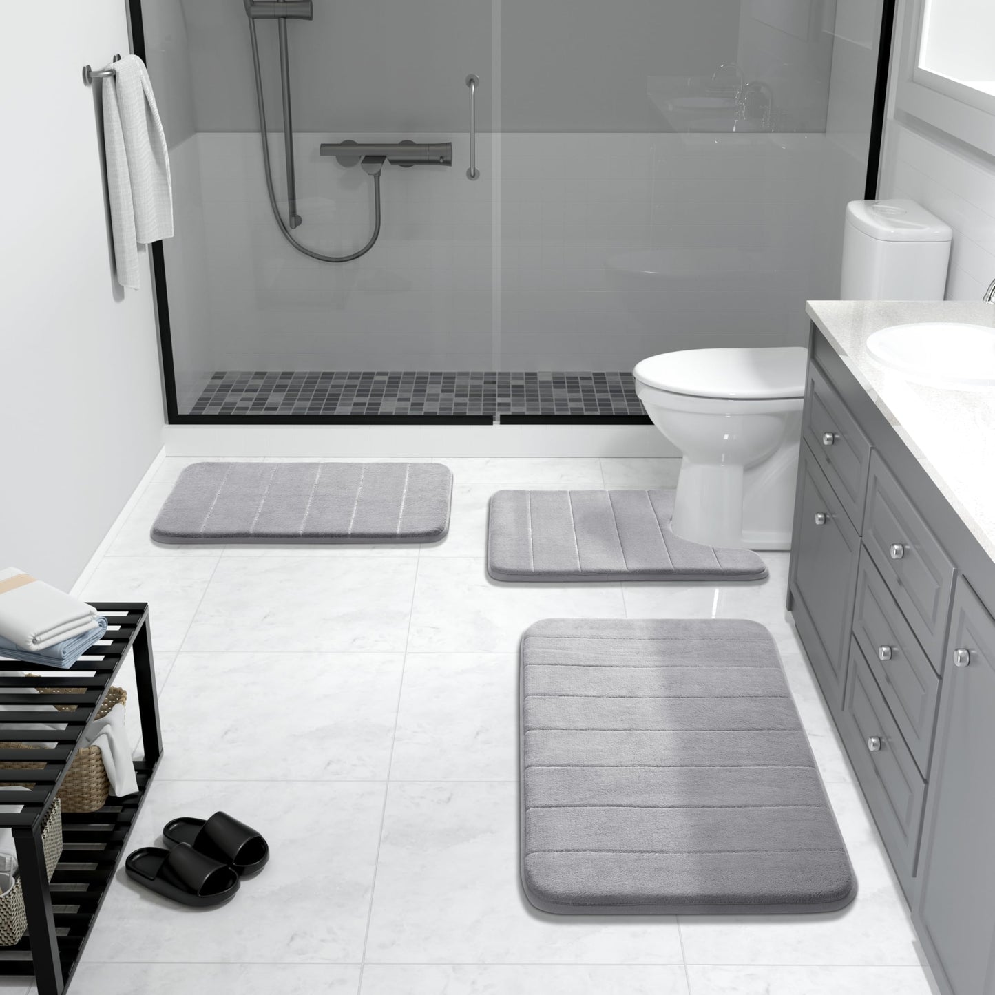 Yimobra Memory Foam Bath Mat, Super Soft Absorbent Bathroom Rug Non Slip, Quick Dry, Machine Washable Floor Carpet for Tub Shower, Home Decor Accessories, 24x17, Grey