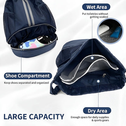 Drawstring Bag Backpack Gym Bag with Shoes Compartment for Soccer, Basketball, Football, Swim, Water-Resistant String Backpack Beach Cinch for Women Men