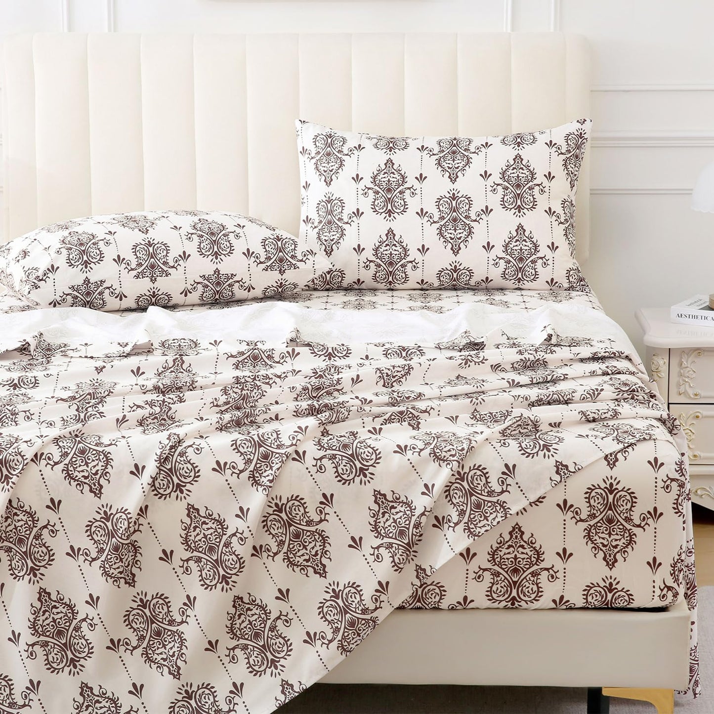 ChicView Queen Size Paisley Printed Sheet Set,4 Pieces Boho Style Breathable Soft Microfiber Bedsheets, Anti Pilling Deep Pockets Easy Care Bed Sheets, Brown