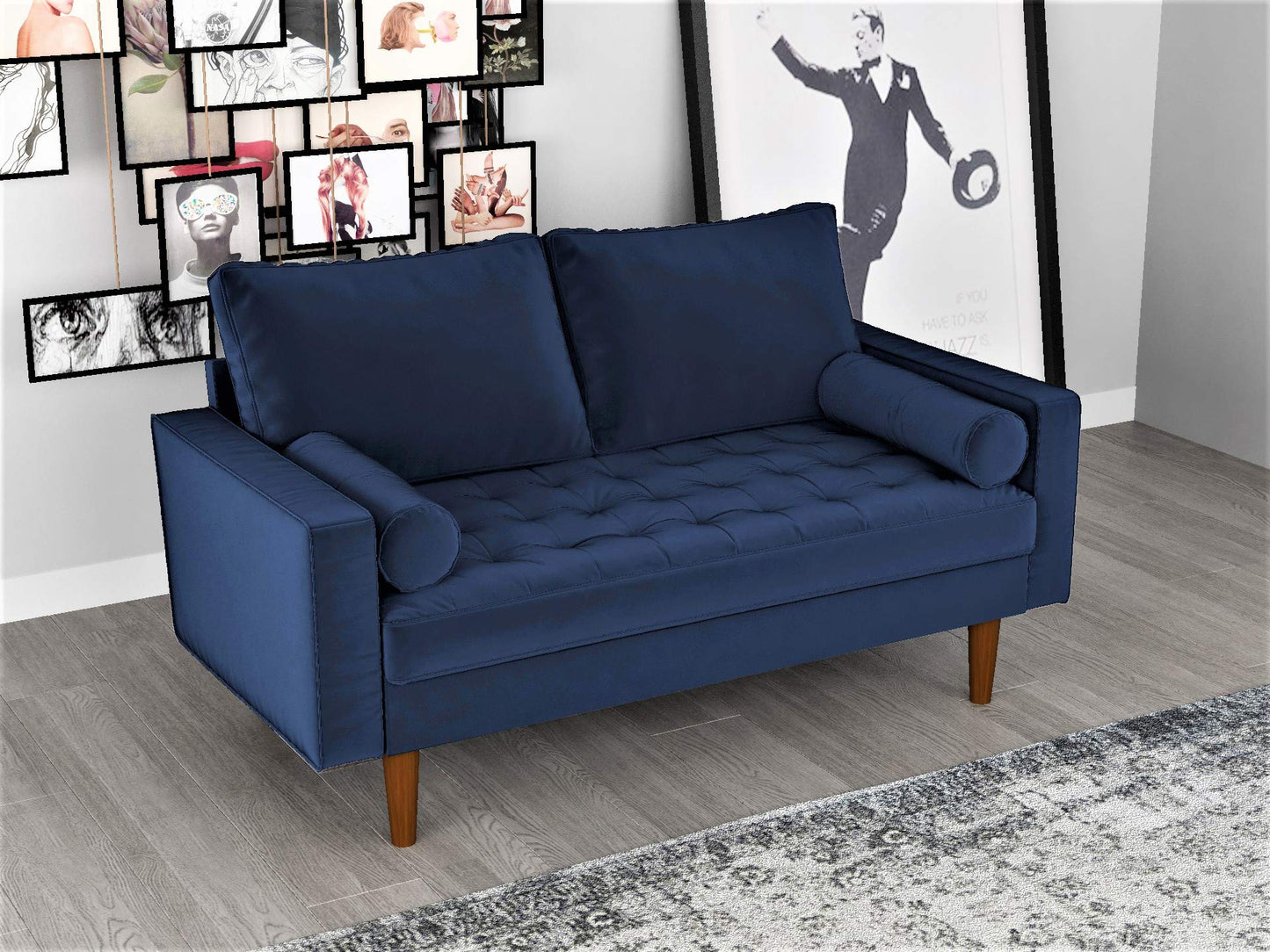Container Furniture Direct Womble 58 Inch Velvet Loveseat Sofa with Elegant Button Tufted Upholstery, Square Arms, Splayed Wood Legs, Includes Matching Bolster Pillows, Denim Blue