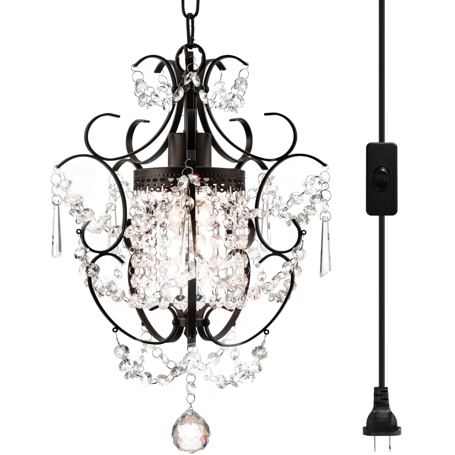 Plug in Pendant Lights with K9 Crystal Bronze Hanging Lamp with 15Ft Clear Cord & On/Off Switch，Mini Chandelier for Closet Living Room Girls Room Bedroom Nursery