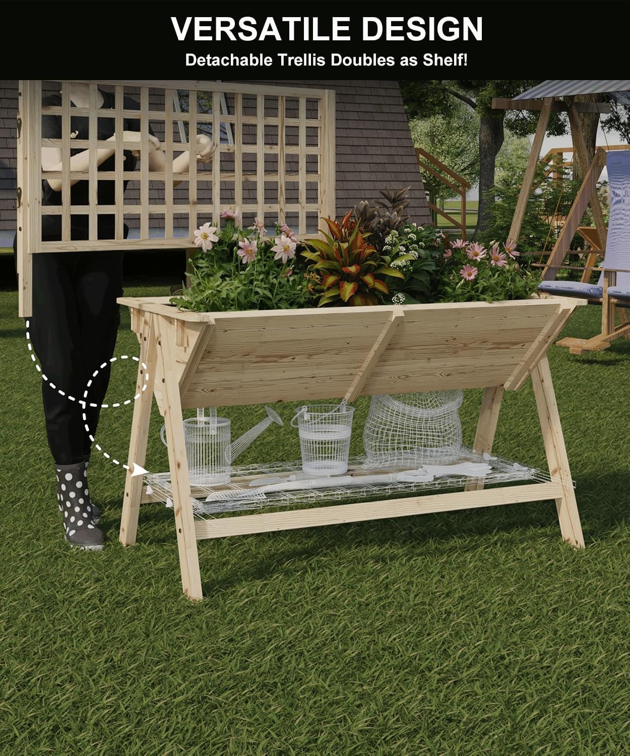 GarveeLife 52x30x54 Inch Tall Elevated Garden Bed with Legs, Standing Raised Planter Box with Climbing Trellis for Vegetables Flowers Herbs, Outdoor Wooden Standing Garden Bed-Natural