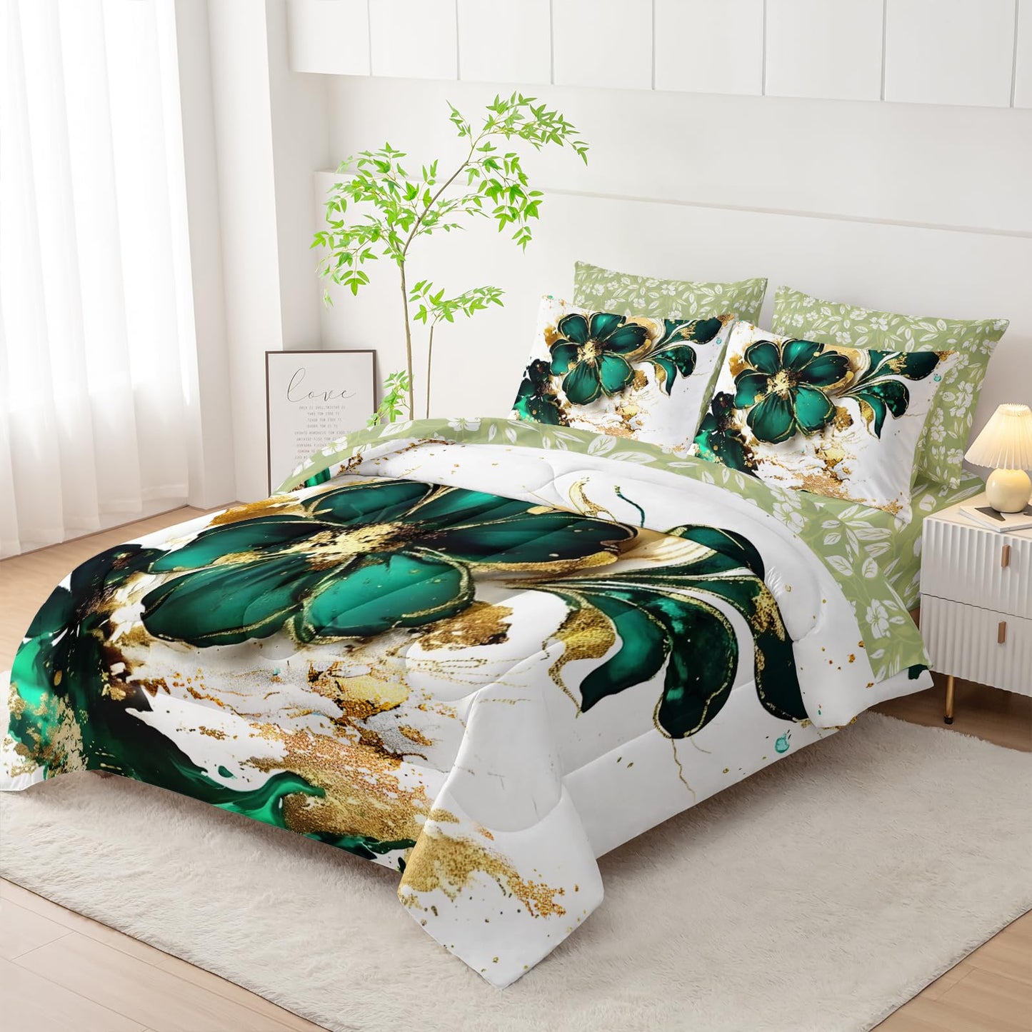 AILONEN Gold Green Floral Comforter Set Twin Size,7-Piece Soft Bed in a Bag,Marble Flower Comforter & Fitted Sheet & Flat Sheet & 2 Pillowcases,2 Pillow Shams for Girls Women