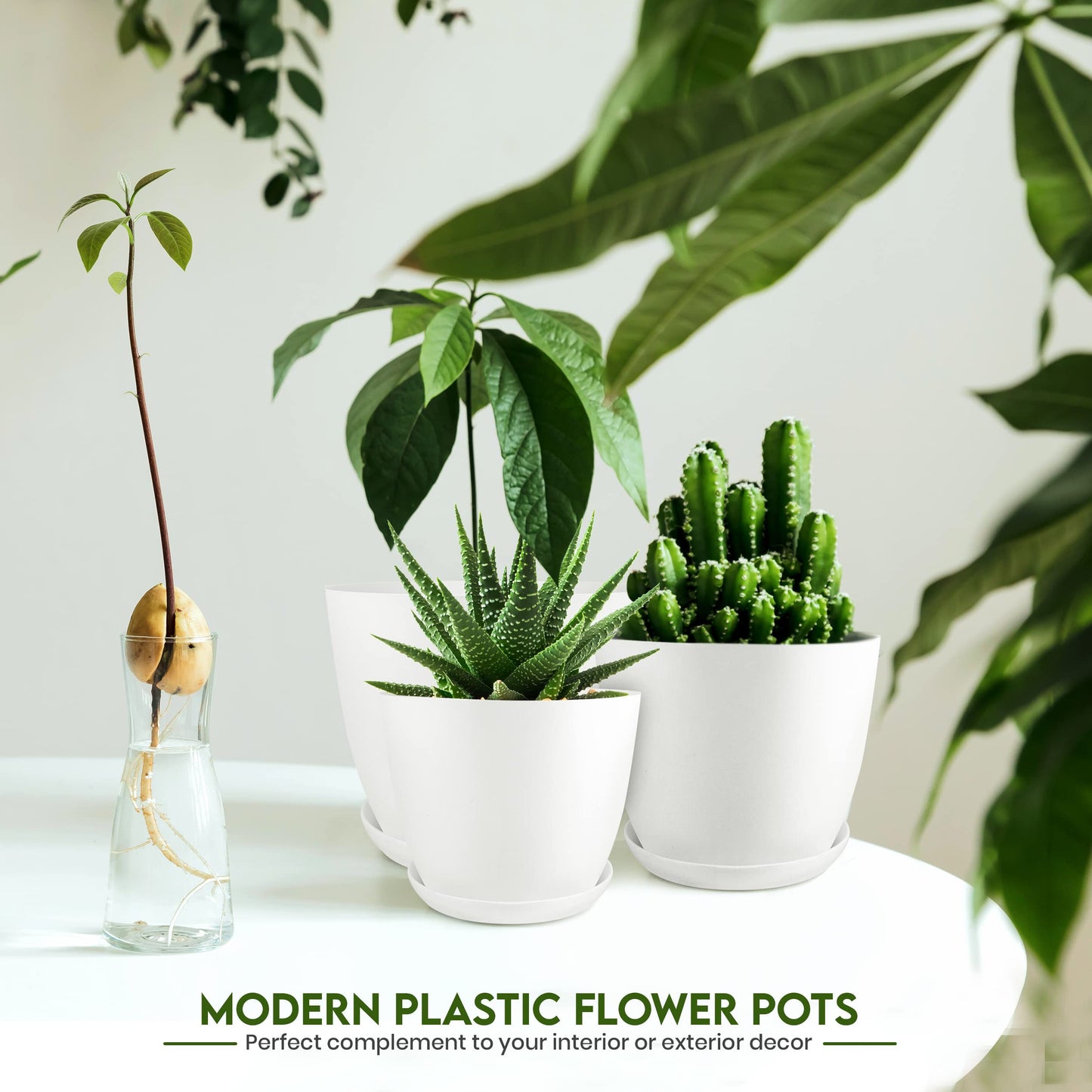 Utopia Home Plastic Planters White, Flower Nursery Pots Indoor Modern Decorative Plastic Pots for Plants, Succulents, Flowers, and Cactus 5 Pack, Multisize