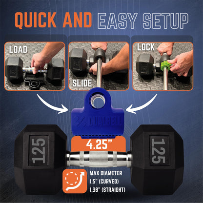Blue DUALBELL Superset for 1” bar and black weight collars- Home gym dumbbell to barbell adapters - Connect Dumbbells to 1” standard diameter bar to replace weight plates- holds up to 100lb dumbbell