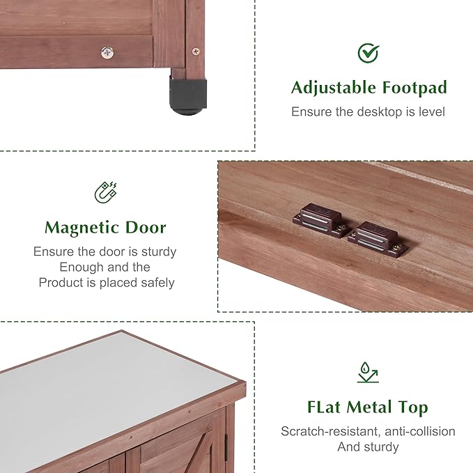 Outdoor Storage Cabinet & Potting Bench Table with Metal Top, Wooden Patio Furniture, Garden Workstation (Royal Brown, 36x31x17in)