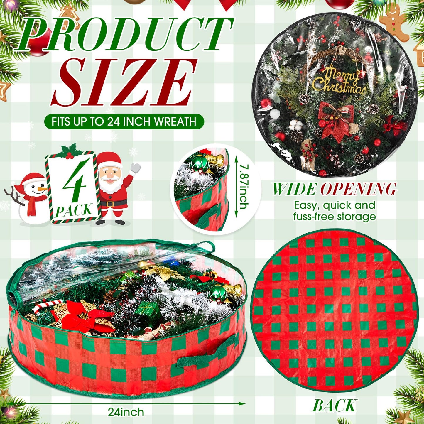 Aliceset 4 Pack Wreath Storage Containers, Ornament Garland Wreath Storage Bags with Handle Zipper Decorative Storages Box for Christmas in July Wreaths(24 x 24 x 7.8 Inch,Red Green Plaid)