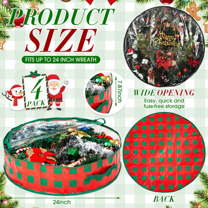 Aliceset 4 Pack Wreath Storage Containers, Ornament Garland Wreath Storage Bags with Handle Zipper Decorative Storages Box for Christmas in July Wreaths(24 x 24 x 7.8 Inch,Red Green Plaid)