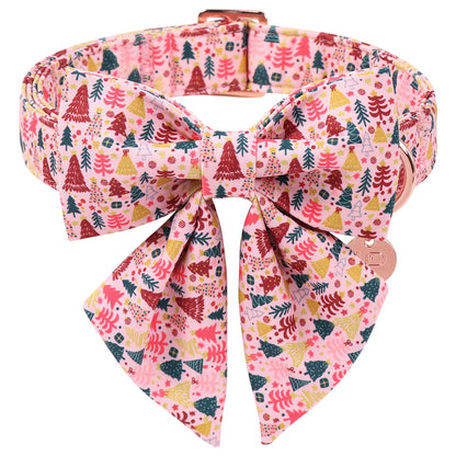 UP URARA PUP Christmas Dog Collar with Bow Tie, Pink Christmas Tree Collars for Dogs, Adjustable Pet Collar with Cute Xmas Tree Pendant, Winter Dog Accessories for Small Medium Large Dogs L