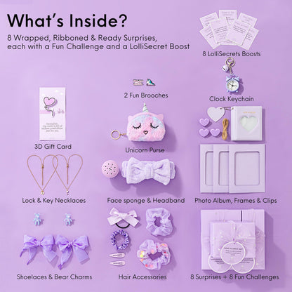 HAPPY LOLLI Purple LolliBox Gift Set for Tween & Teen Girls Ages 8–15, Birthday Gift Box, Ready-to-Gift Surprise Box with 8 Individually Wrapped Gifts & Empowering Challenges