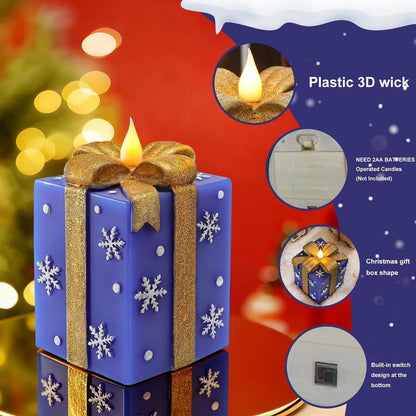 LCZLUMIPRO Christmas Flameless Gift Box Candle Hand-Painted Real Wax LED Candle with Remote Timer Battery Operated Blue Gold Decor for Xmas Tree Skirt Ornament Table Outdoor Indoor Holiday