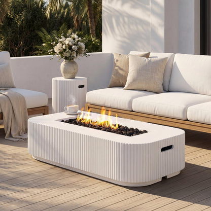 Christopher Knight Home 48.2 Inch Outdoor Rectangular Fire Pit Set with Tank Cover Side Table, MgO Concrete Propane Fire Pit 50000 BTU, White Modern Patio Heating Table Set
