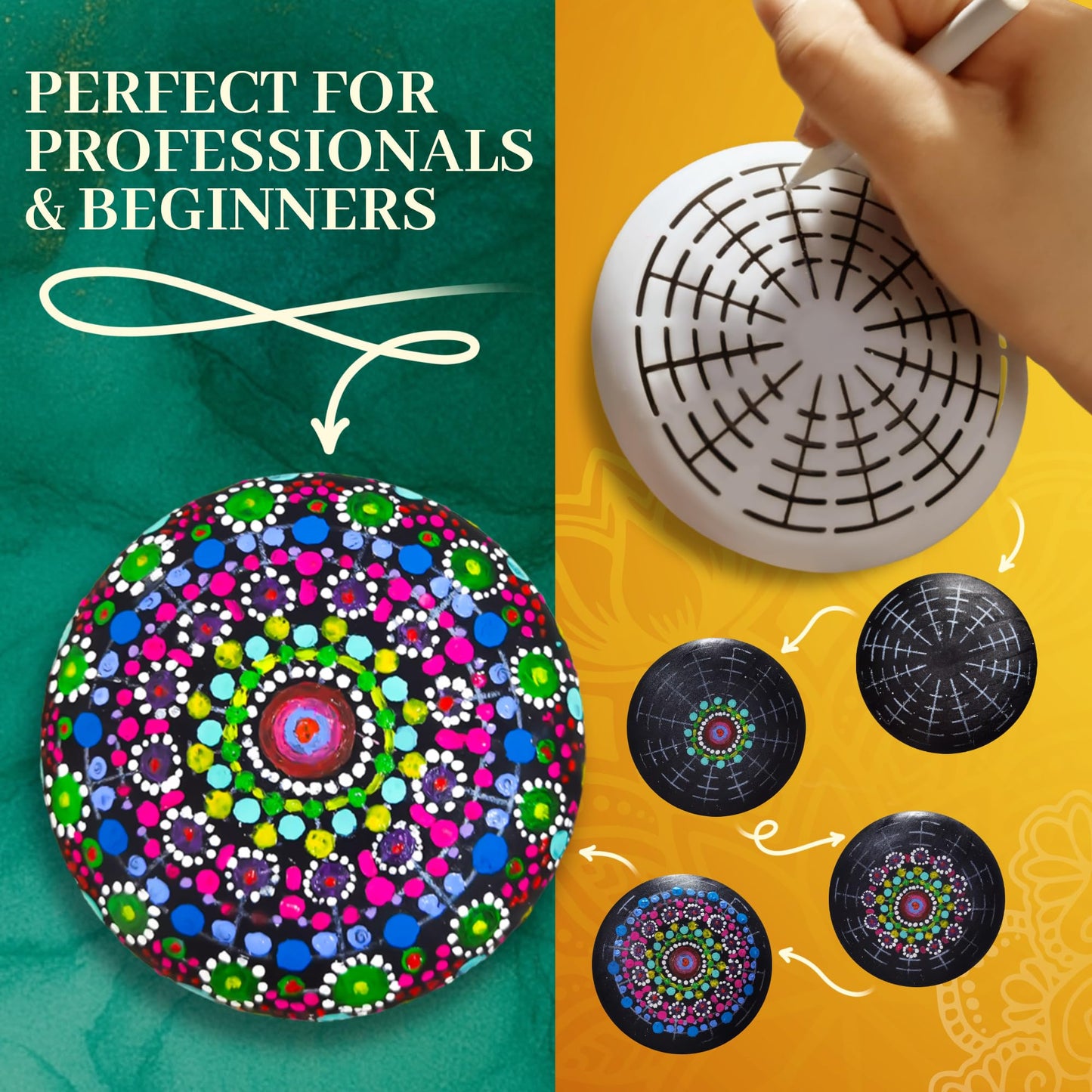 Mandala Rock Painting Kit – Mandala Dotting Tools Set - 5 Large Wooden Rocks + 6 Stencils + Acrylic Paints - Relaxing Arts and Crafts for Adults Women - DIY Hobbies Art and Projects Dot Art Kit