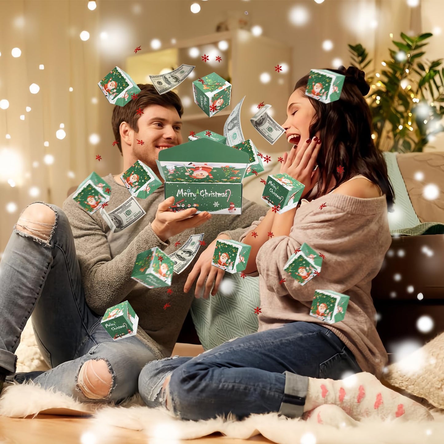 Surprise Gift Box Explosion for Money, Unique Folding Bouncing Red Envelope Gift Box with Confetti, Cash Explosion Luxury for Birthday Anniversary Valentine Proposal (15 Bounces) (Green Christmas)