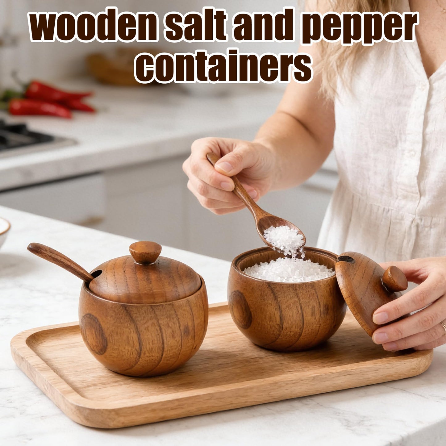 Yokudo Wooden Salt Cellar with Lid and Spoon 5.7 oz Kitchen Wooden Salt Box for Sea Salt,Spices and Herbs（1pcs）