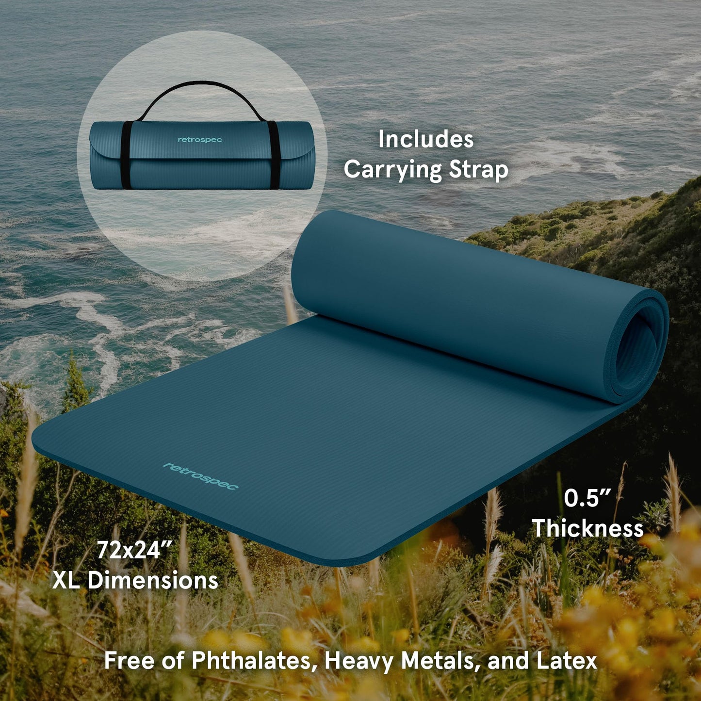 Retrospec Solana Yoga Mat 1/2" Thick w/Nylon Strap for Men & Women - Non Slip Exercise Mat for Yoga, Pilates, Stretching, Floor & Fitness Workouts