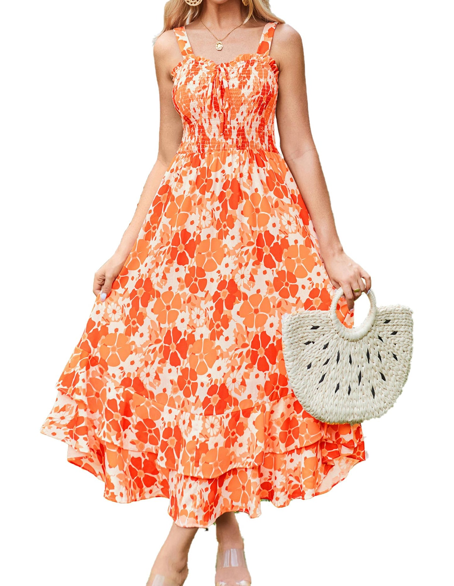 GRACE KARIN Women's 2025 Summer Floral Boho Dress Square Neck Strapped Swing A Line Sundress Beach Long Maxi Outfits