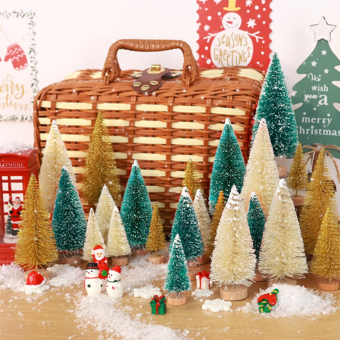 30Pcs Mini Christmas Trees, Artificial Christmas Tree Bottle Brush Trees Christmas with 5 Sizes, Sisal Snow Trees with Wooden Base for Christmas Decor Christmas Party Home Table Craft