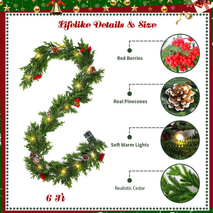 6FT Prelit Christmas Garland with Lights, Realistic Cedar Garland with Red Berries Pine Cone Artificial Real Touch Greenery Lighted Xmas Garland for Mantle Stair Railing Fireplace Decorations