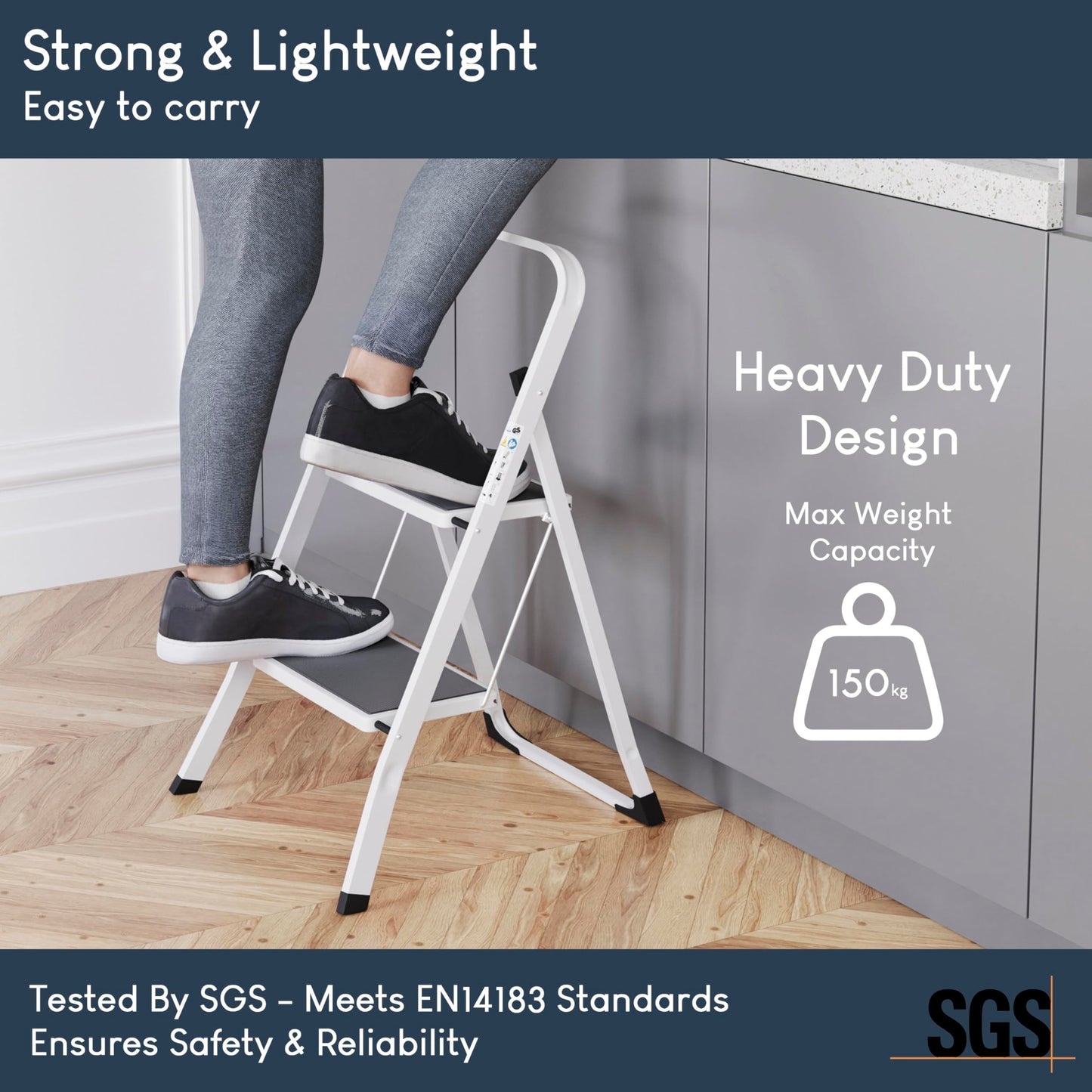 Home Vida 2 Step Ladder - Heavy Duty Steel Folding Ladder with Slip-Resistant and Wide Steps, Folding Mechanism, 150kg Max Load, Home/Kitchen/DIY/Garden Use, White