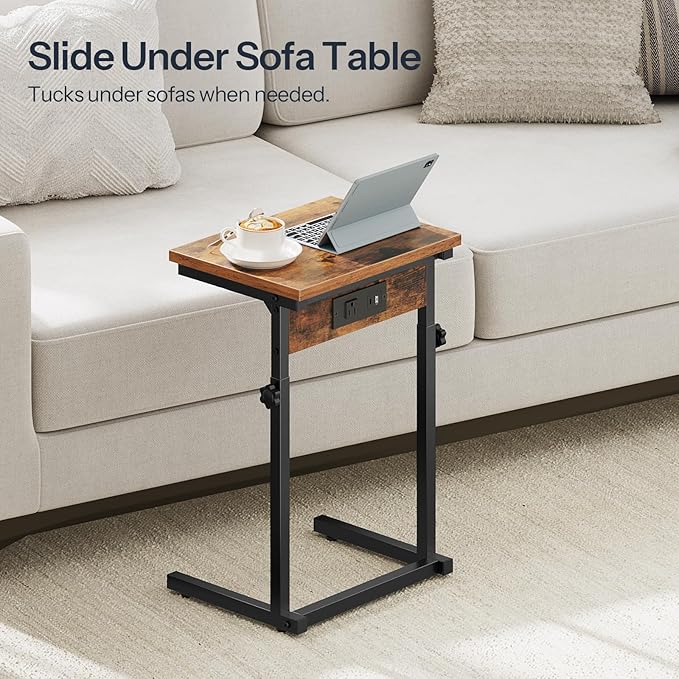 HOOBRO C-Shaped End Table with Charging Station, Adjustable Height Sofa Tray