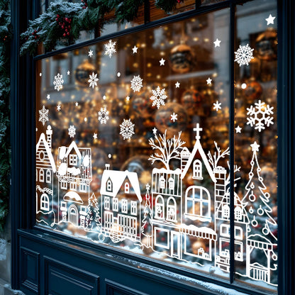 JarThenaAMCS 13.8 * 35.4'' Extra Large Christmas Window Clings 4 Sheets White House Snowflake Xmas Tree Window Stickers Double-Sided Glass Decals for Winter Xmas Home Classroom Office Party Decoration