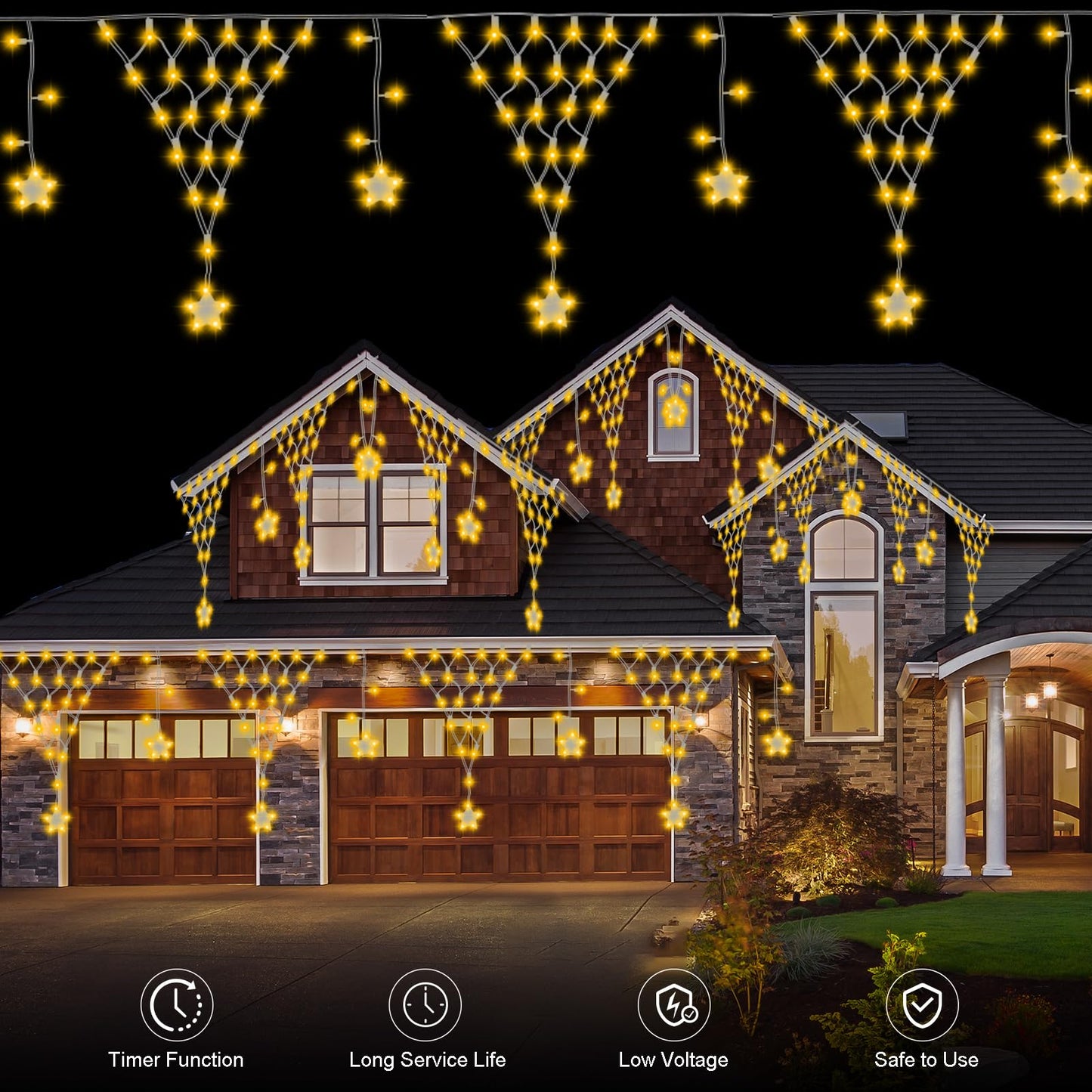 DBFAIRY Christmas Net Lights,196 LED 13.1x1.9Ft Waterproof Outdoor Christmas Lights Net Mesh Light Mains Powered Timer Built in LED Net Light Holiday Decor for Balcony Fence Roof Railing Wall