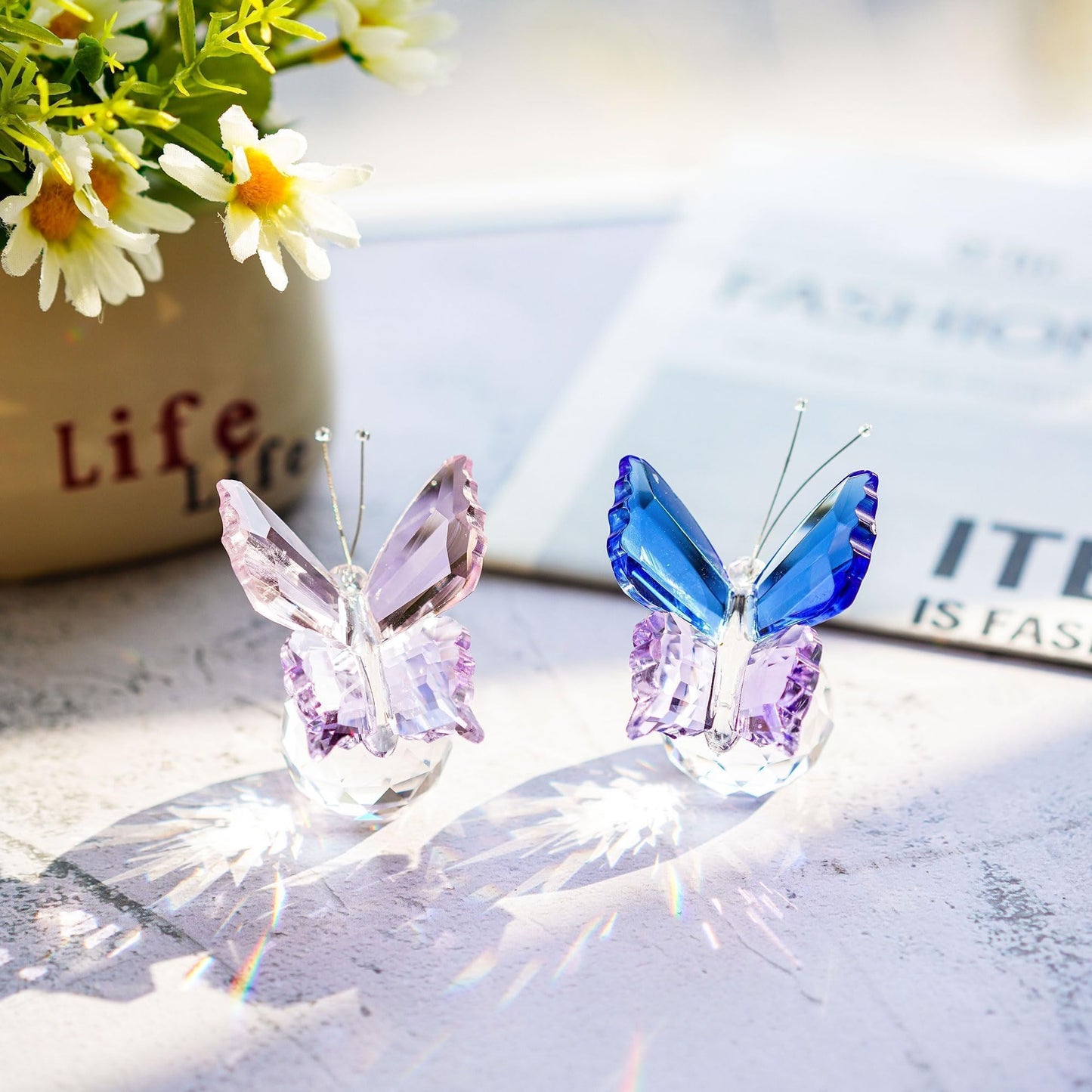 KRISININE 2pcs Crystal Butterfly Figurines with Clear Ball Base Butterfly Ornaments Animal Collectibles Crystal Decoration for Christmas Wedding Party Gifts for Women