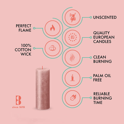 BOLSIUS Pink Shimmer Metallic Pillar Candles 4 Pack - 2.75 X 7.5 Inches - Premium European Quality - Includes Natural Plant-Based Wax - Unscented Dripless Smokeless 85 Hour Party & Wedding Candles