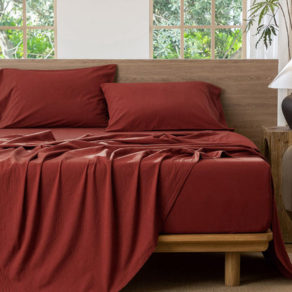 MooMee Fitted Bottom Sheet Only 100% Washed Cotton Linen Like Textured Breathable Durable Soft Comfy Deep Pocket Fits Mattress up to 17" (Solid Fired Brick Red, Queen)