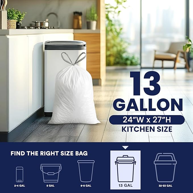 Plasticplace 13 Gallon Trash Bags │ 0.9 Mil │ White Tall Garbage Can Liners │