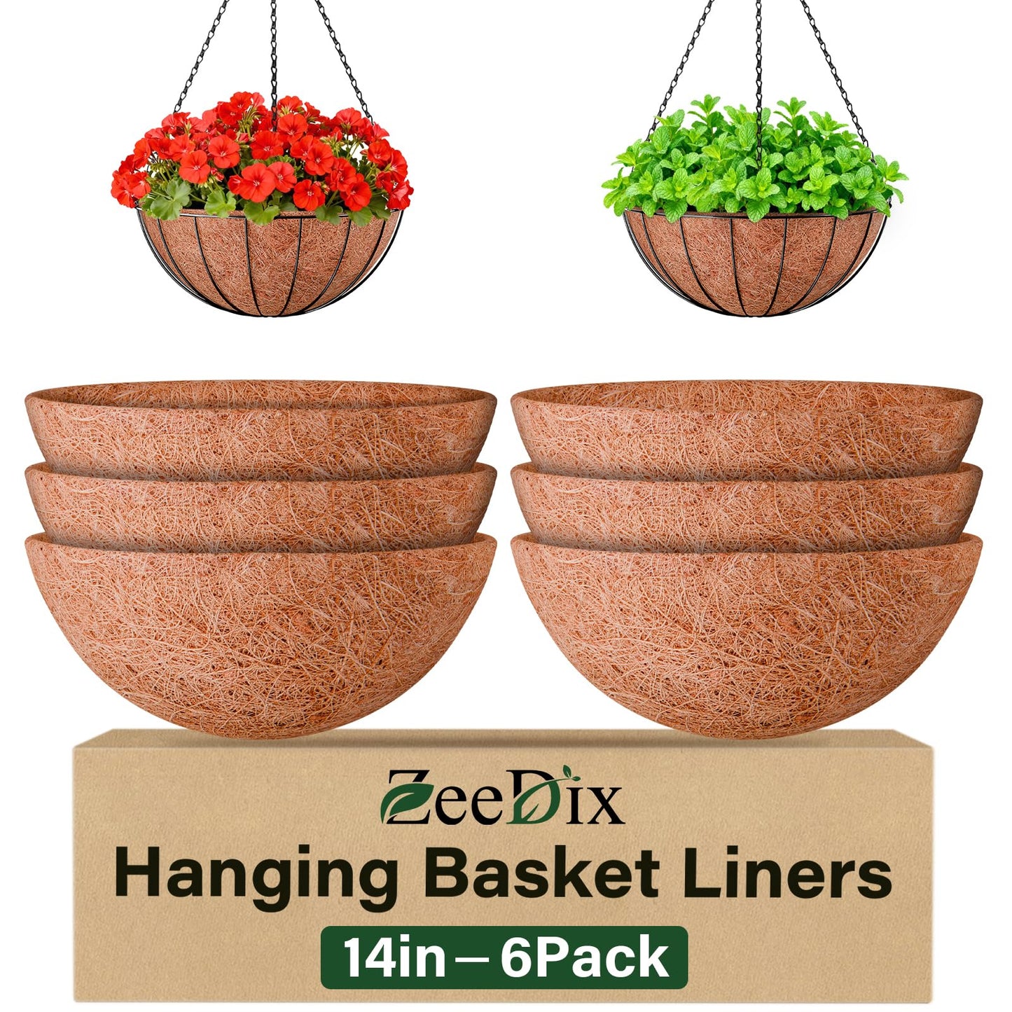 ZeeDix 6 Pack 14 Inch Coconut Liners for Planters, Round Hanging Basket Liners Natural Coco Coir Replacement Liner for Flowers Vegetables Patio Porch Garden Decor
