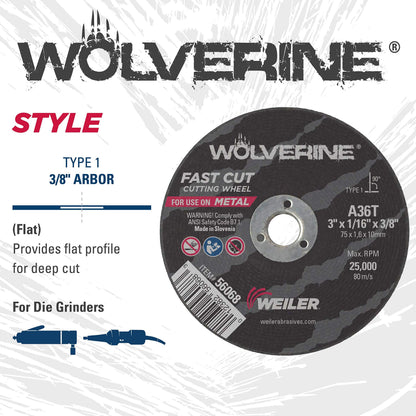 Weiler 56089 Die Grinder Cut-Off Wheel and Mandrel Kit Including 56490 Mandrel and 3-Inch x 1/16" Wolverine T1 Thin Wheels, A36T, 3/8" AH (1 Mandrel and 10 Cutting Discs)