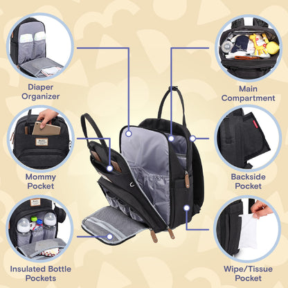 RUVALINO Baby Changing Bag Backpack, Neutral All-in-One Nappy Backpack for, Multifunction Baby Bags with Portable Changing Pad, Stroller Straps, Pacifier Case and Insulated Pockets, Black